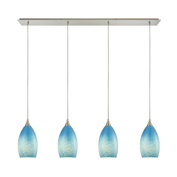 Earth 4 LED Light Pendant In Satin Nickel And Sky Blue Glass