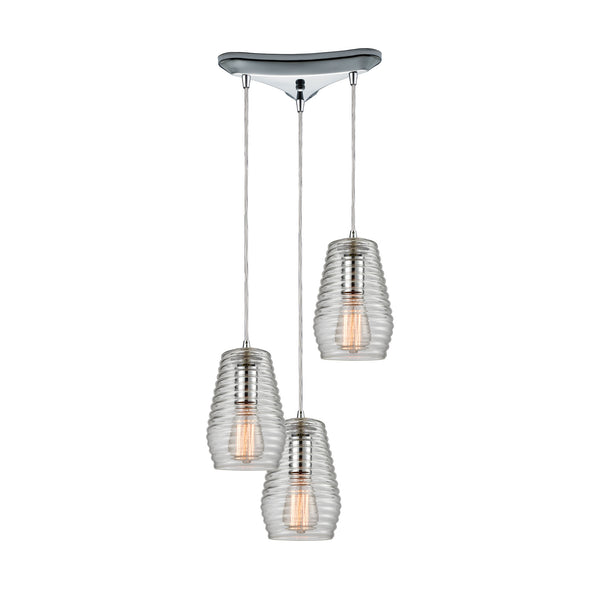 Ribbed Glass 3 Light Pendant In Polished Chrome