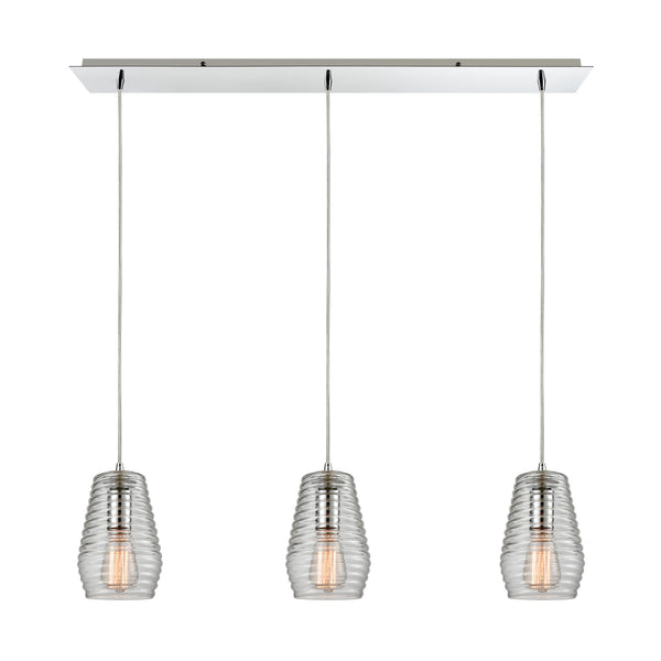 Ribbed Glass 3 Light Pendant In Polished Chrome