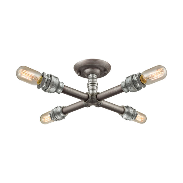 Cast Iron Pipe 4 Light Semi Flush In Weathered Zinc
