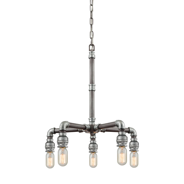 Cast Iron Pipe 5 Light Chandelier In Weathered Zinc