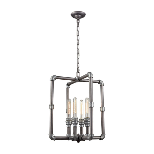 Cast Iron Pipe 4 Light Chandelier In Weathered Zinc With Zinc Highlights