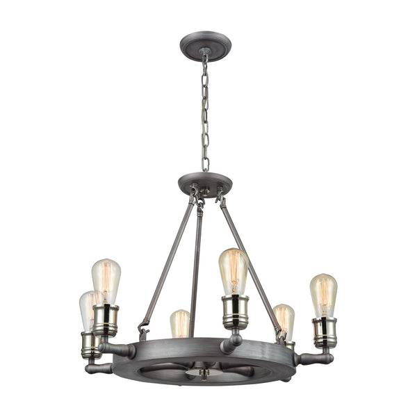 Nautical 6 Light Chandelier In Weathered Zinc And Polished Nickel