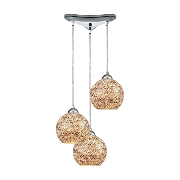 Crosshatch 3-Light Triangle Pan In Polished Chrome With Crosshatch Mosaic Glass Pendant