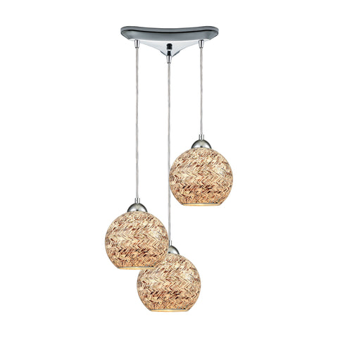 Crosshatch 3-Light Triangle Pan In Polished Chrome With Crosshatch Mosaic Glass Pendant