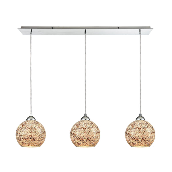 Crosshatch 3-Light Linear Pan In Polished Chrome With Crosshatch Mosaic Glass Pendant
