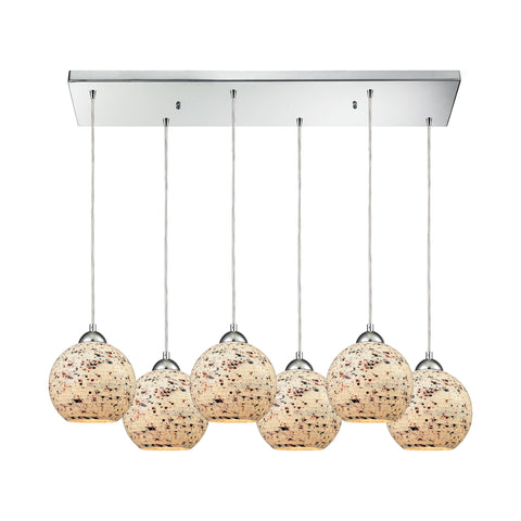 Spatter 6-Light Rectangle In Polished Chrome With Spatter Mosaic Glass Pendant