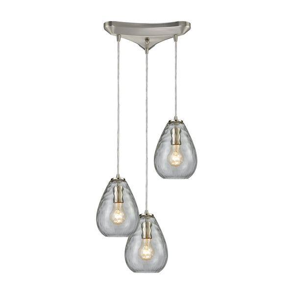 Lagoon 3-Light Triangle Pan In Satin Nickel With Clear Water Glass Pendant