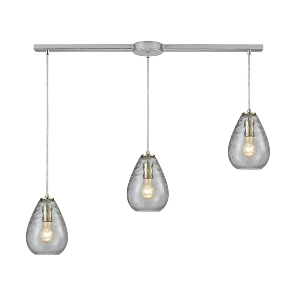 Lagoon 3-Light Linear Bar In Satin Nickel With Clear Water Glass Pendant
