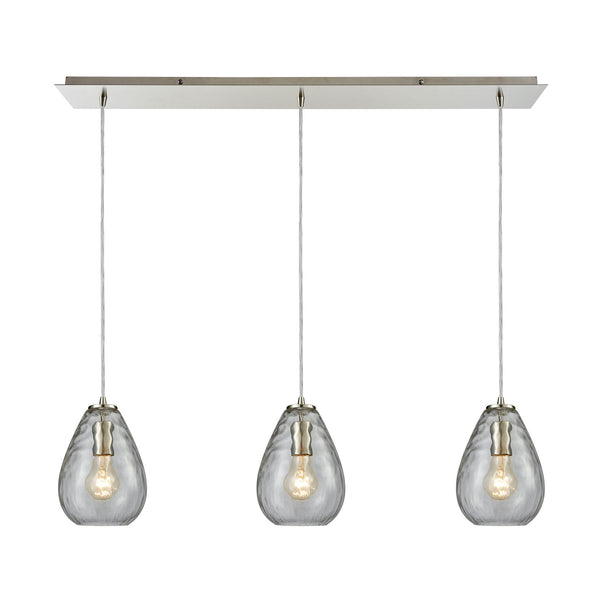 Lagoon 3-Light Linear Pan In Satin Nickel With Clear Water Glass Pendant