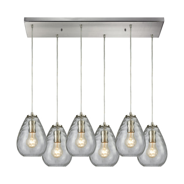 Lagoon 6-Light Rectangle In Satin Nickel With Clear Water Glass Pendant