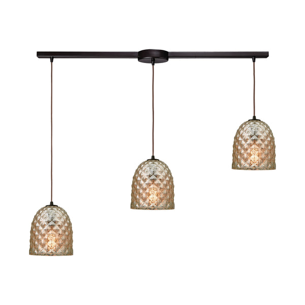 Brimley 3-Light Linear Bar In Oil Rubbed Bronze With Raised Diamond Texture Mercury Glass Pendant