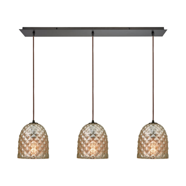 Brimley 3-Light Linear Pan In Oil Rubbed Bronze With Raised Diamond Texture Mercury Glass Pendant