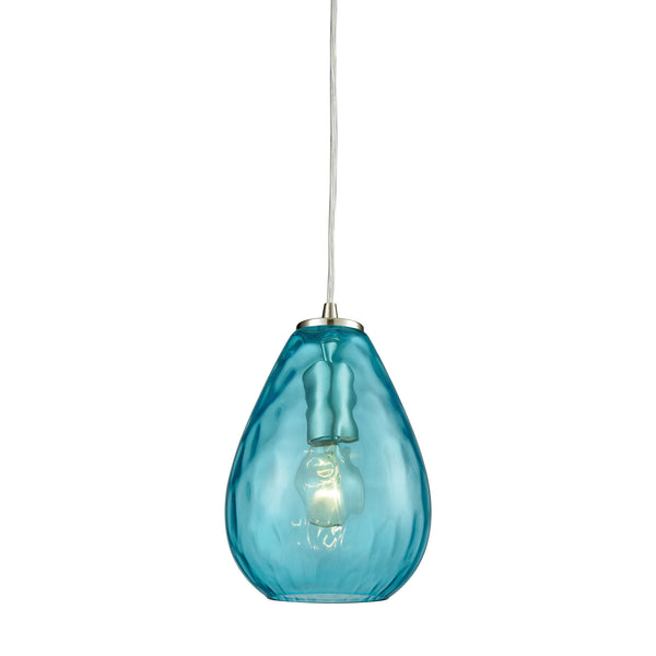 Lagoon 1 Light Pendant In Satin Nickel With Aqua Water Glass