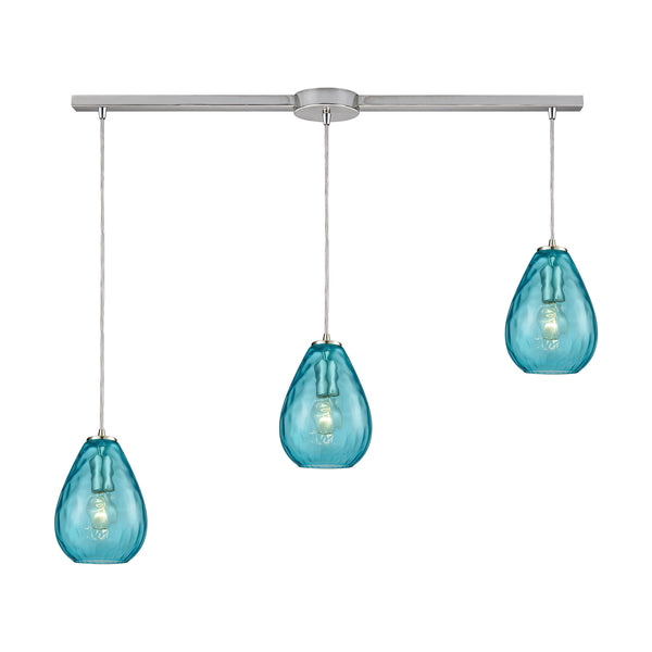 Lagoon 3-Light Linear Bar In Satin Nickel With Aqua Water Glass Pendant