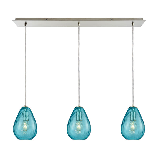 Lagoon 3-Light Linear Pan In Satin Nickel With Aqua Water Glass Pendant