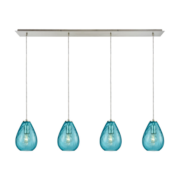 Lagoon 4-Light Linear Pan In Satin Nickel With Aqua Water Glass Pendant