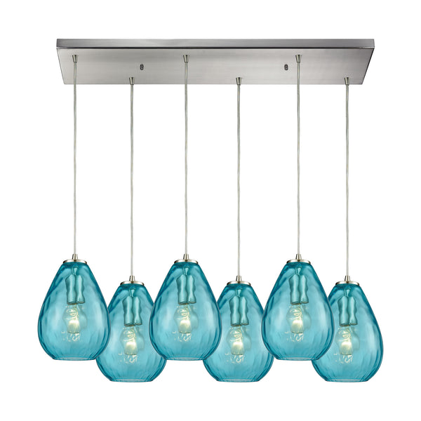 Lagoon 6-Light Rectangle In Satin Nickel With Aqua Water Glass Pendant