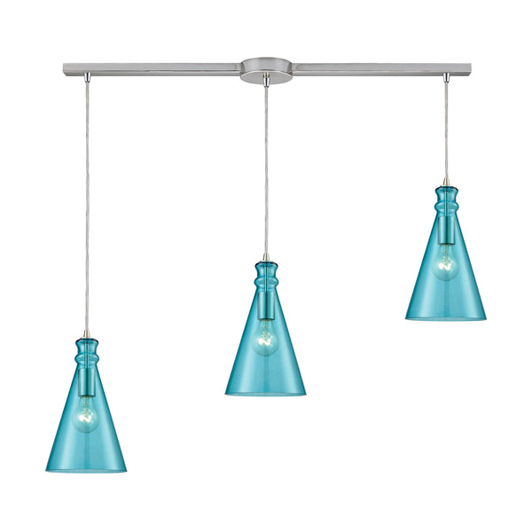 Parson 3-Light Linear Bar In Satin Nickel With Aqua Glass Pendant