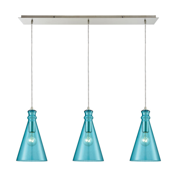 Parson 3-Light Linear Pan In Satin Nickel With Aqua Glass Pendant