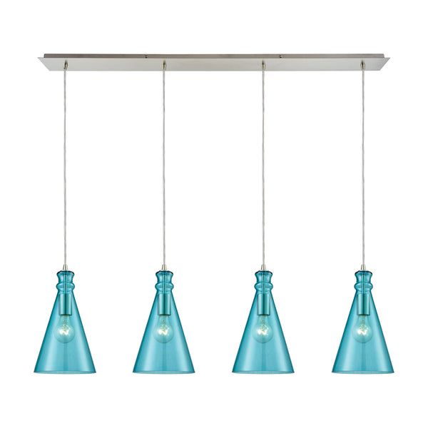 Parson 4-Light Linear Pan In Satin Nickel With Aqua Glass Pendant