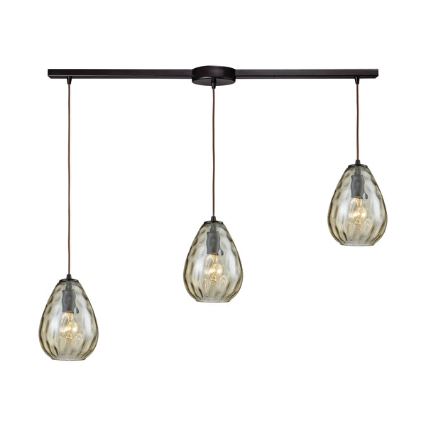 Lagoon 3-Light Linear Bar In Oil Rubbed Bronze With Champagne Plated Water Glass Pendant