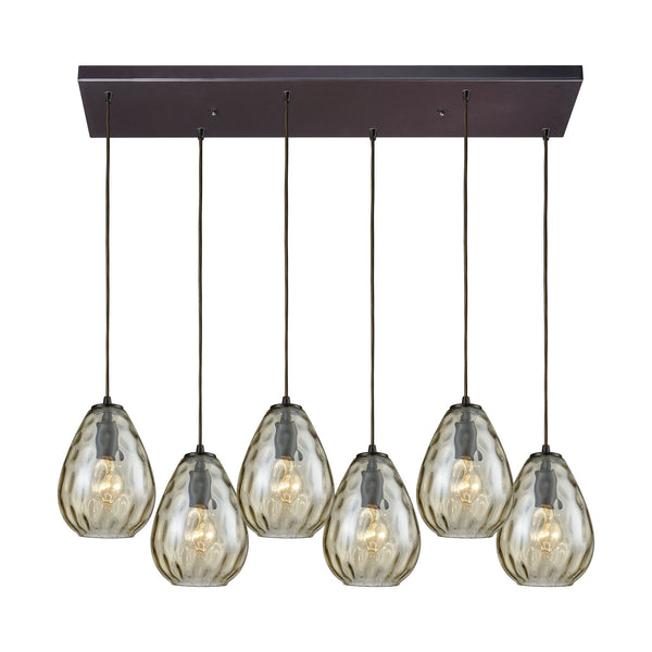 Lagoon 6-Light Rectangle In Oil Rubbed Bronze With Champagne Plated Water Glass Pendant