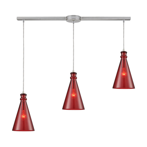 Parson 3-Light Linear Bar In Satin Nickel With Wine Red Glass Pendant