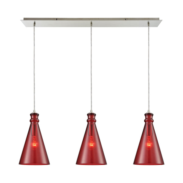 Parson 3-Light Linear Pan In Satin Nickel With Wine Red Glass Pendant