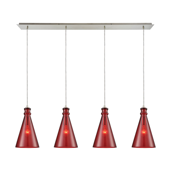 Parson 4-Light Linear Pan In Satin Nickel With Wine Red Glass Pendant