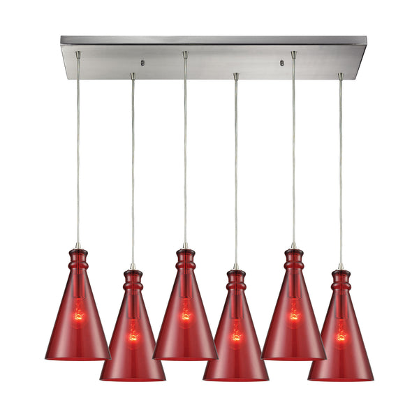 Parson 6-Light Rectangle In Satin Nickel With Wine Red Glass Pendant