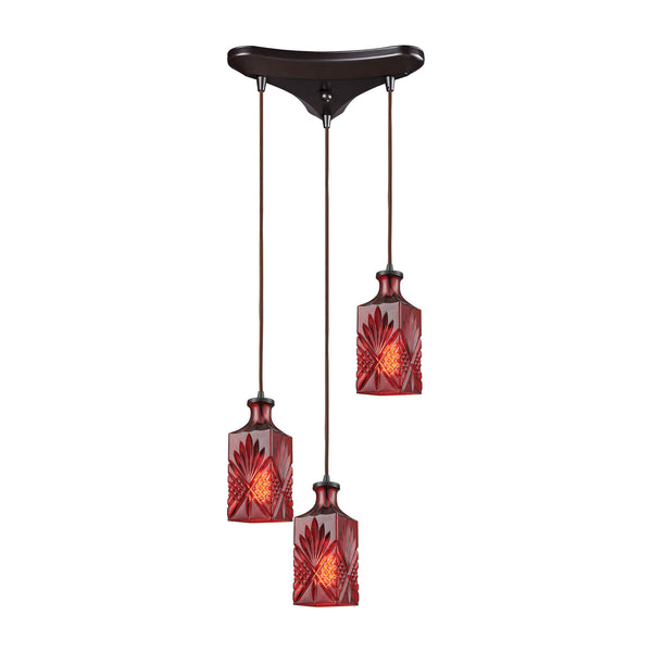 Giovanna 3-Light Triangle Pan In Oil Rubbed Bronze With Wine Red Decanter Glass Pendant