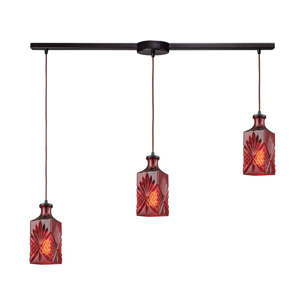 Giovanna 3-Light Linear Bar In Oil Rubbed Bronze With Wine Red Decanter Glass Pendant