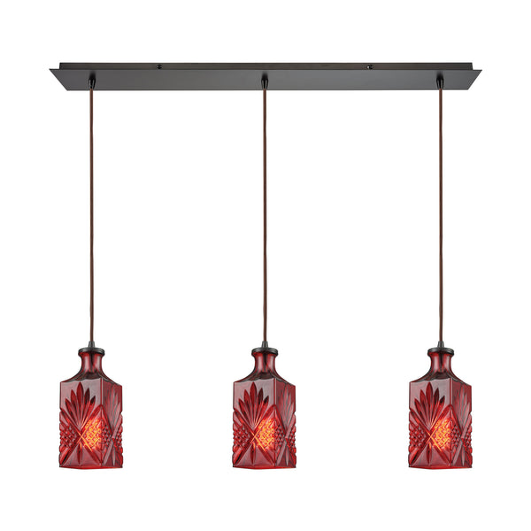 Giovanna 3-Light Linear Pan In Oil Rubbed Bronze With Wine Red Decanter Glass Pendant