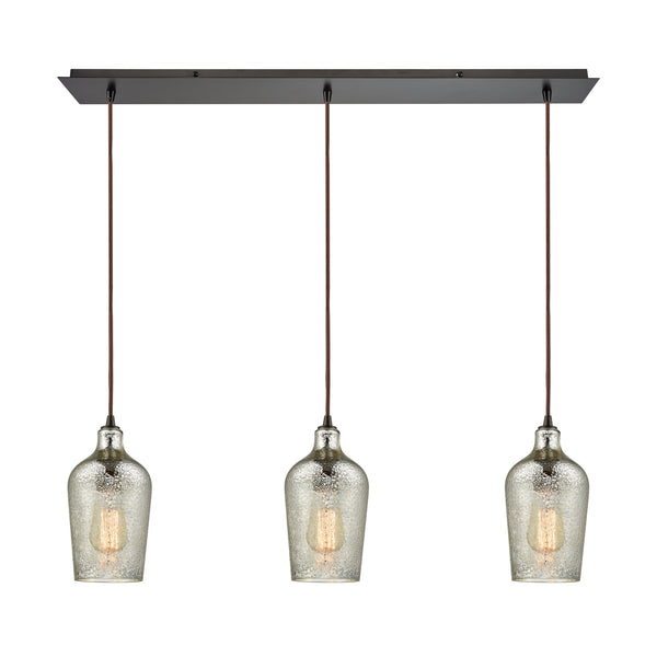 Hammered Glass 3 Light Linear Pan Fixture In Oil Rubbed Bronze With Hammered Mercury Glass