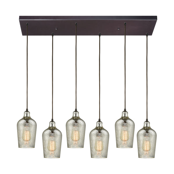 Hammered Glass 6 Light Rectangle Fixture In Oil Rubbed Bronze With Hammered Mercury Glass