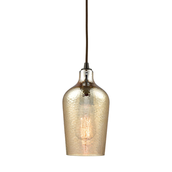 Hammered Glass 1 Light Pendant In Oil Rubbed Bronze With Hammered Amber Plated Glass - Includes Recessed Lighting Kit