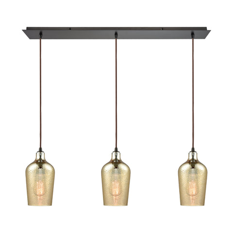 Hammered Glass 3 Light Linear Pan Fixture In Oil Rubbed Bronze With Hammered Amber Plated Glass