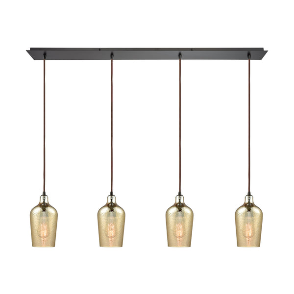 Hammered Glass 4 Light Linear Pan Fixture In Oil Rubbed Bronze With Hammered Amber Plated Glass