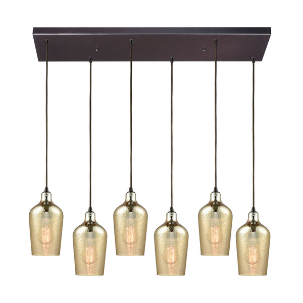 Hammered Glass 6 Light Rectangle Fixture In Oil Rubbed Bronze With Hammered Amber Plated Glass