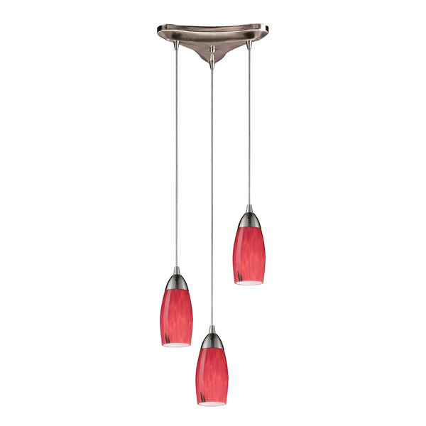 Milan 3 Light Pendant In Satin Nickel And Fire Red Glass