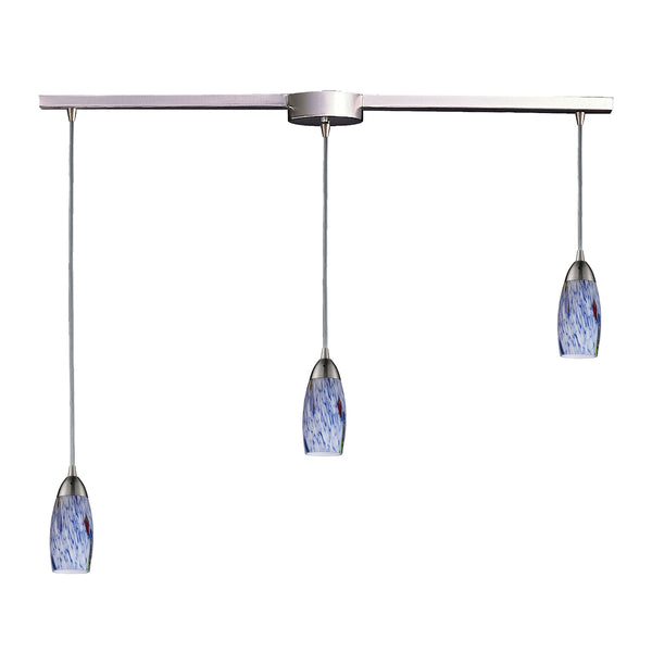 Milan 3 Light Pendant In Satin Nickel And Starburst Blue Glass