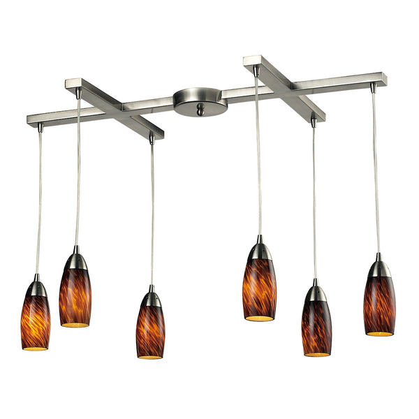 Milan 6 Light Pendant In Satin Nickel And Espresso Glass