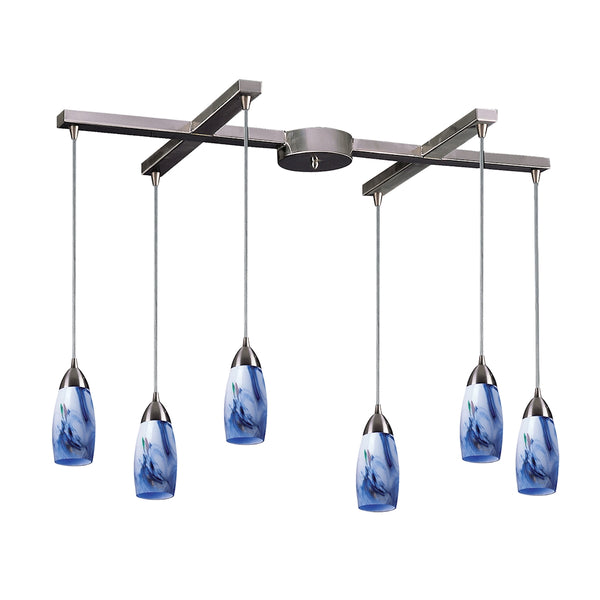 Milan 6 Light Pendant In Satin Nickel And Mountain Glass
