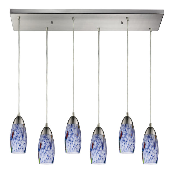 Milan 6 Light Pendant In Satin Nickel And Starburst Blue Glass