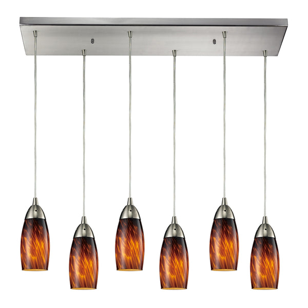 Milan 6 Light Pendant In Satin Nickel And Espresso Glass