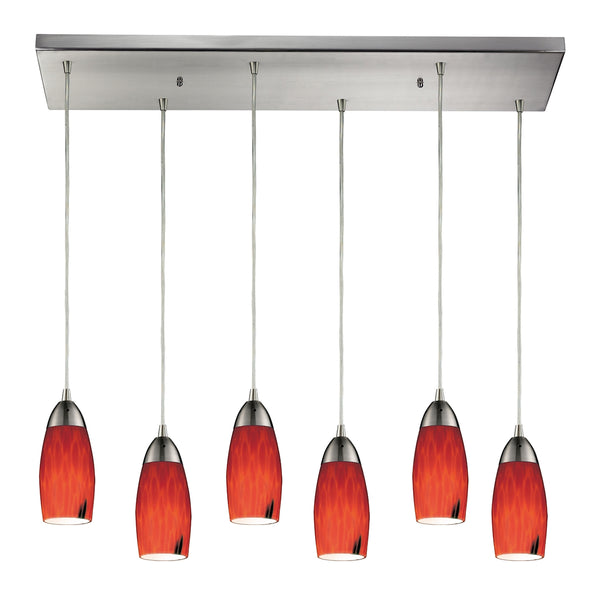 Milan 6 Light Pendant In Satin Nickel And Fire Red Glass