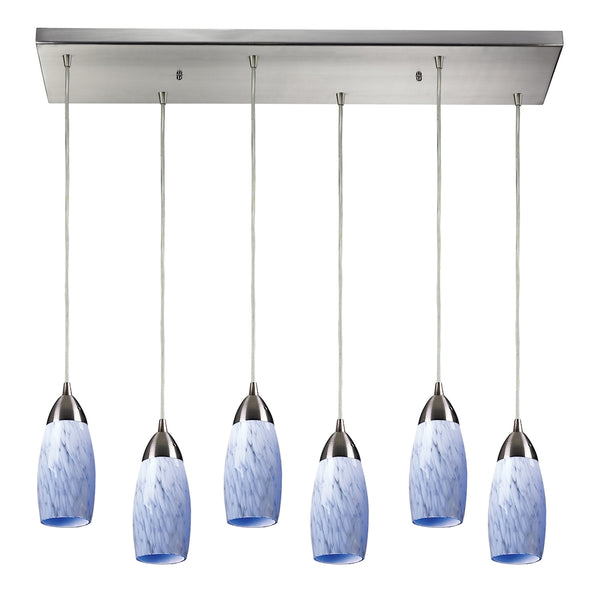 Milan 6 Light Pendant In Satin Nickel And Snow White Glass
