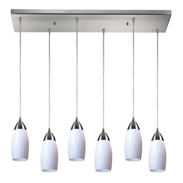 Milan 6 Light Pendant In Satin Nickel And Simply White Glass