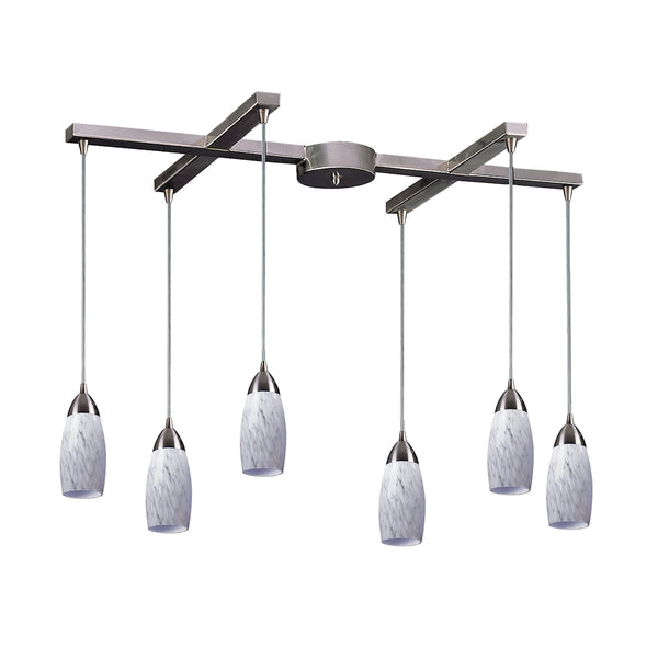 Milan 6 Light Pendant In Satin Nickel And Snow White Glass